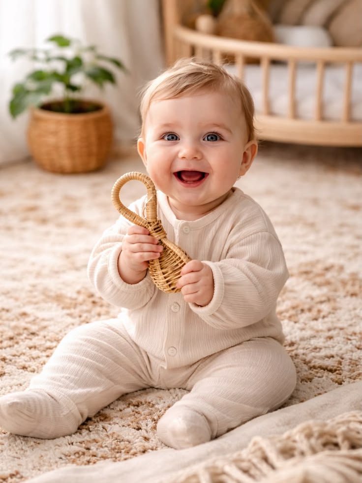This may contain: a baby sitting on the floor with a basket in it's hands and smiling