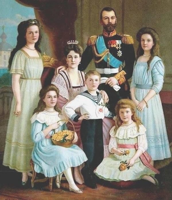 This may contain: an old painting of a family posing for a photo