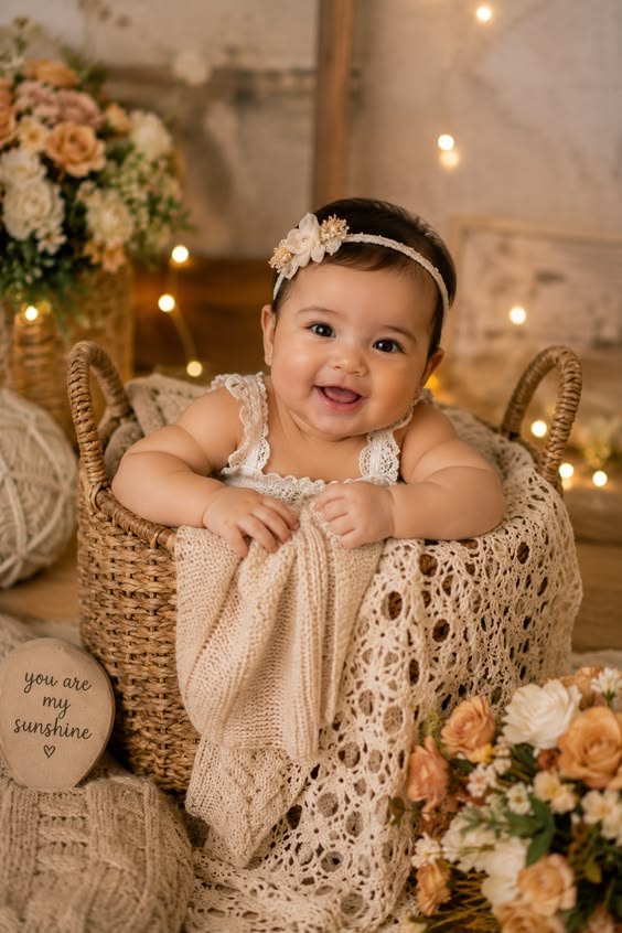 This may contain: a smiling baby sitting in a basket