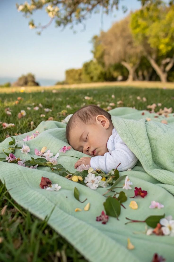 This may contain: a baby is sleeping on a blanket in the grass with flowers all around him and it's eyes closed