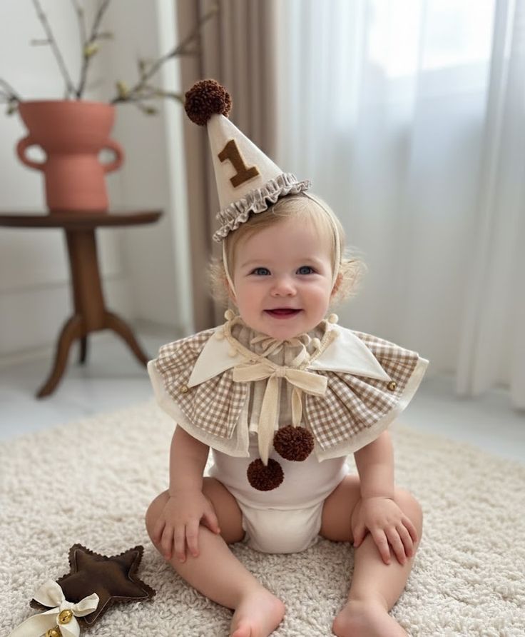 This may contain: a baby sitting on the floor wearing a birthday hat