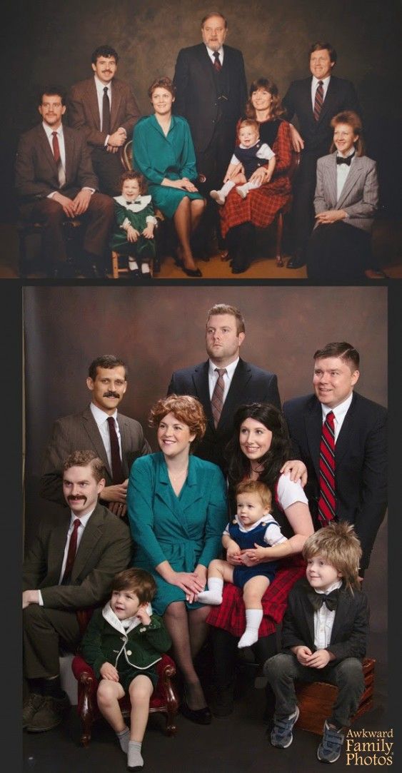 This may contain: two pictures of people and their children, one is older than the other has younger siblings