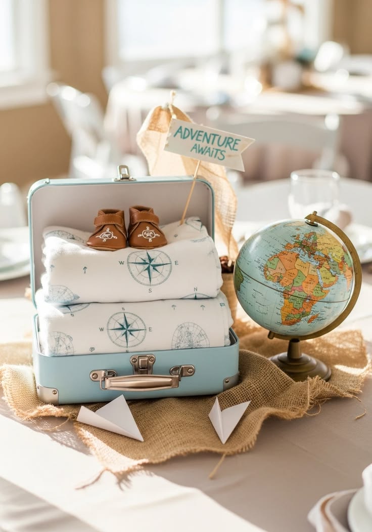 This may contain: an open suitcase sitting on top of a table next to a map and some baby shoes