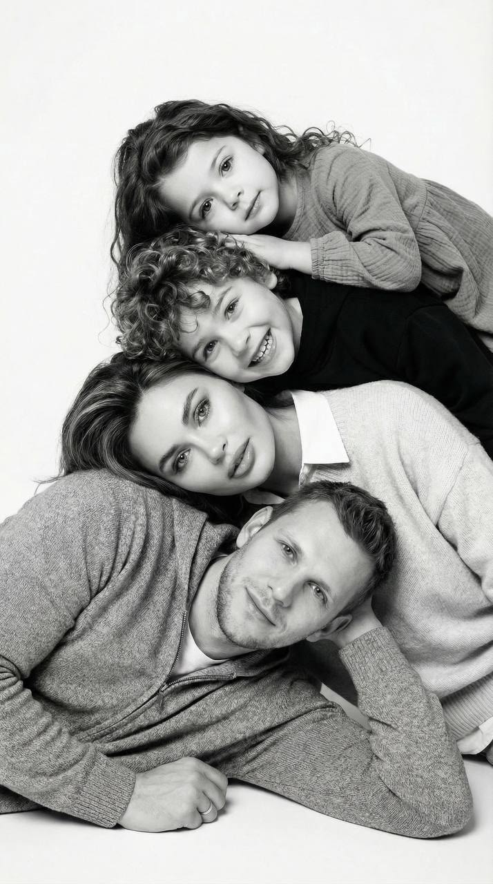 This may contain: three people are laying on the ground posing for a black and white photo with their arms around each other