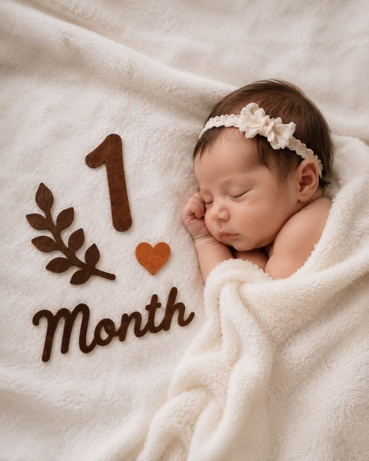 This may contain: a baby is sleeping on a blanket with the number one month written in chocolate letters