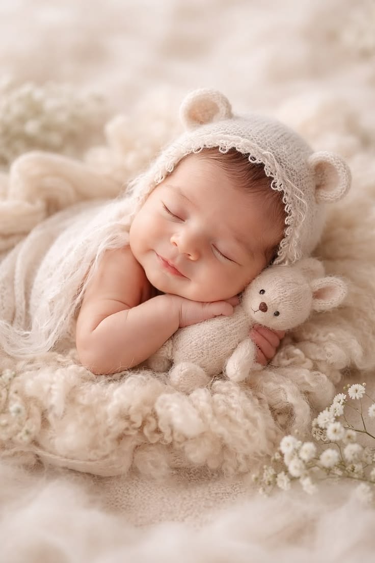 This may contain: a baby sleeping with a teddy bear on top of it's back in a white blanket