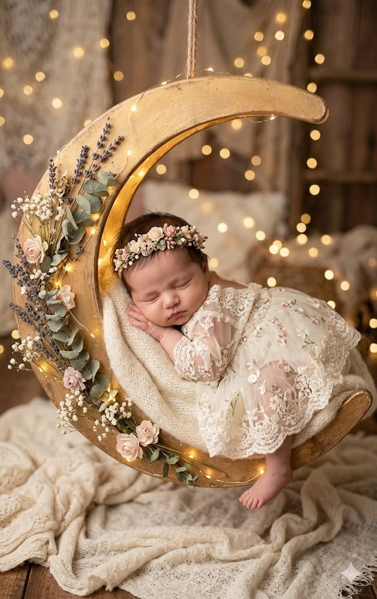 This may contain: a newborn girl is sleeping on the moon with her head in her hands and wearing a flower crown