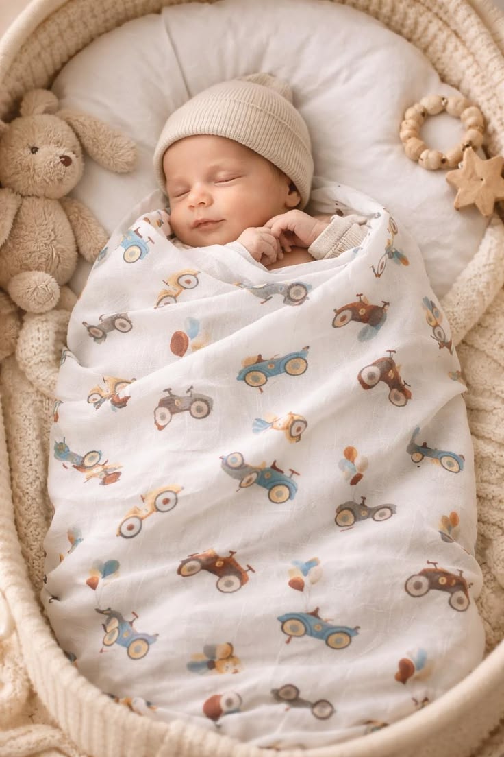 This may contain: a baby wrapped in a blanket sleeping next to a teddy bear